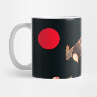 BIRDS,FLOWERS,LEAVES AND RED SUN IN BLACK, Japanese Dark Floral Mug